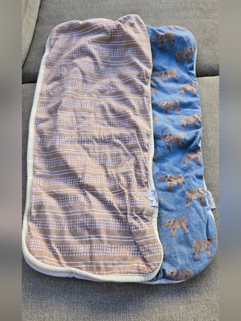 Copper Pearl Cotton Reversible Baby Burp Cloth - Elephant & Neutral Stripe